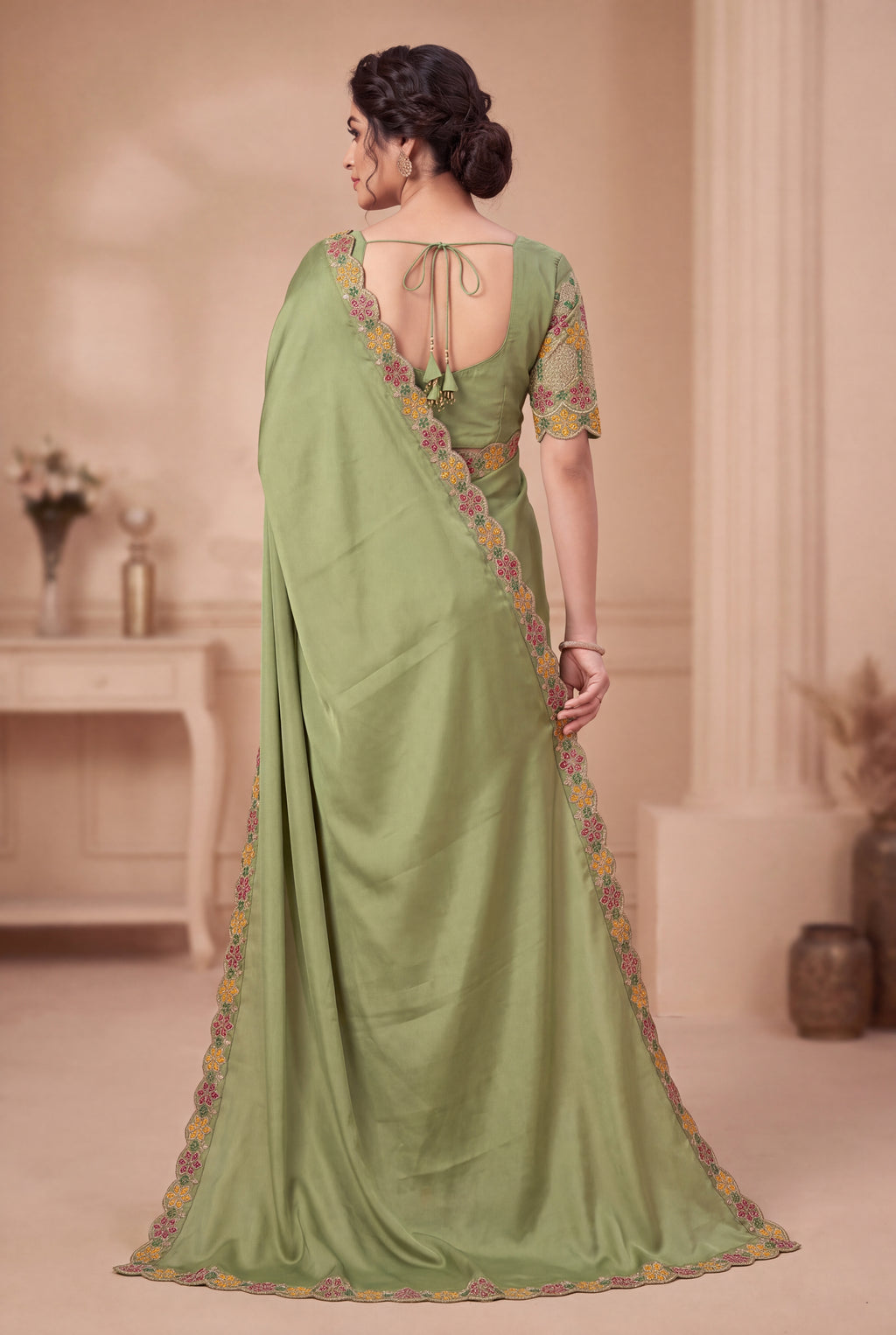 Premium Multicolour Embroidered Satin Saree