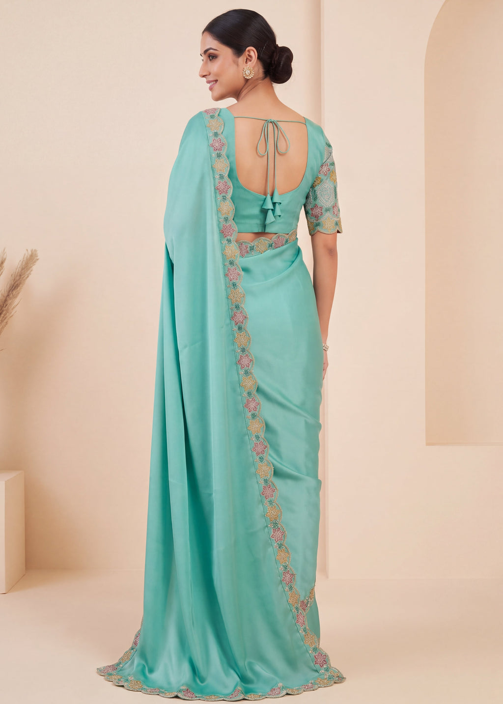 Premium Multicolour Embroidered Satin Saree
