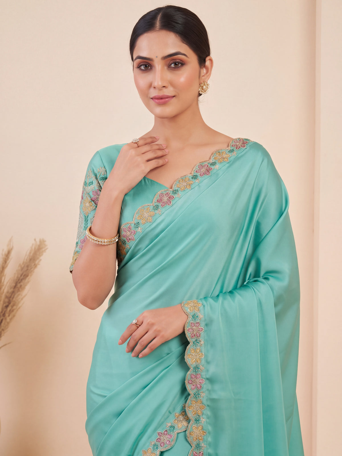 Premium Multicolour Embroidered Satin Saree