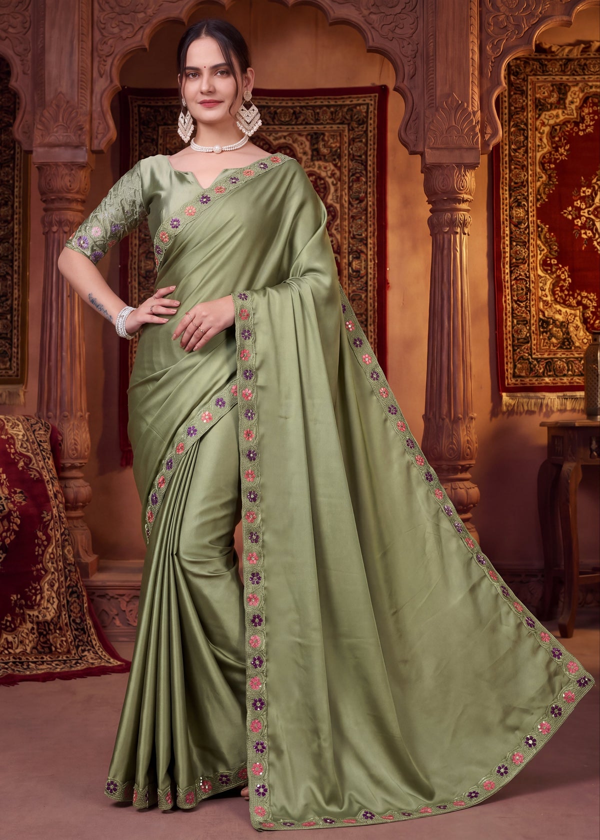 Festive Floral Satin Embroidered Saree