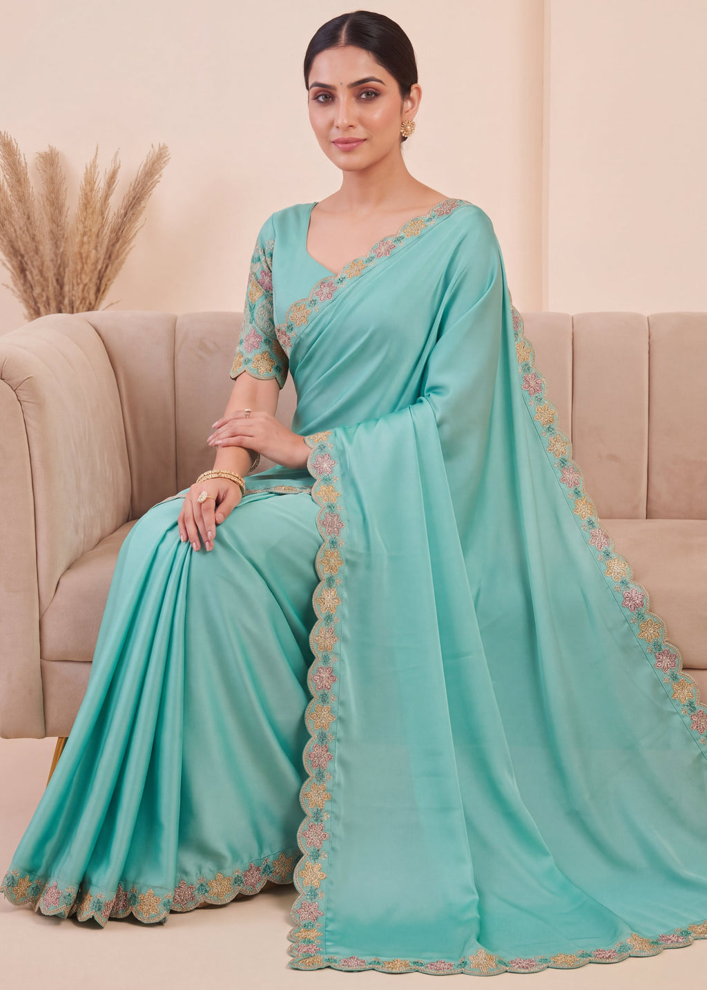 Premium Multicolour Embroidered Satin Saree