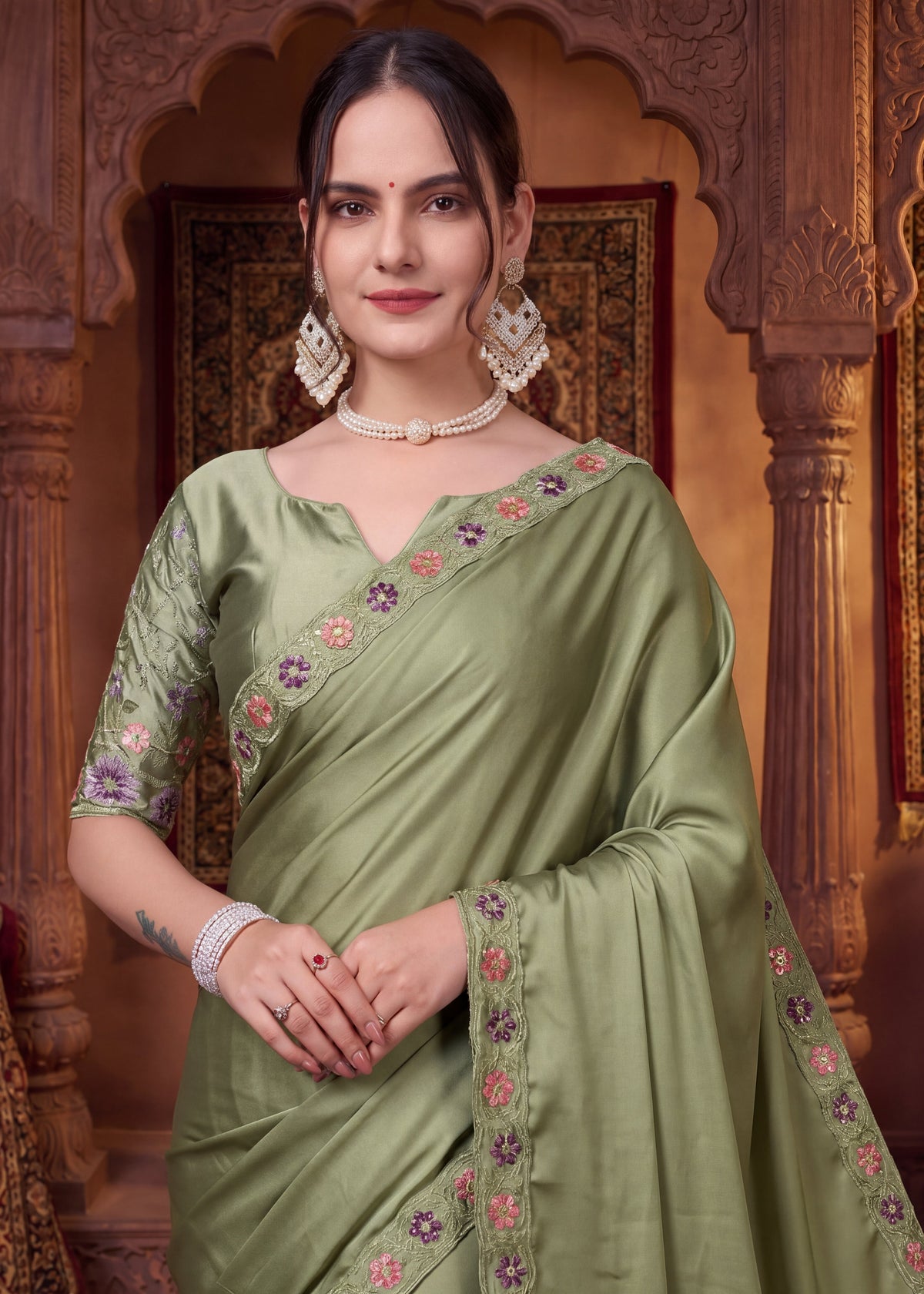Festive Floral Satin Embroidered Saree