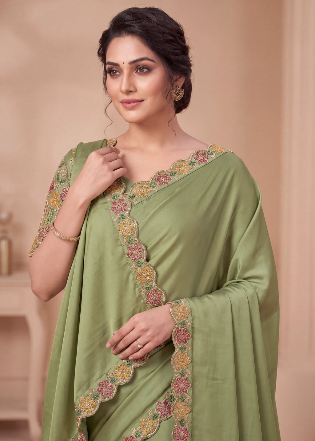 Premium Multicolour Embroidered Satin Saree