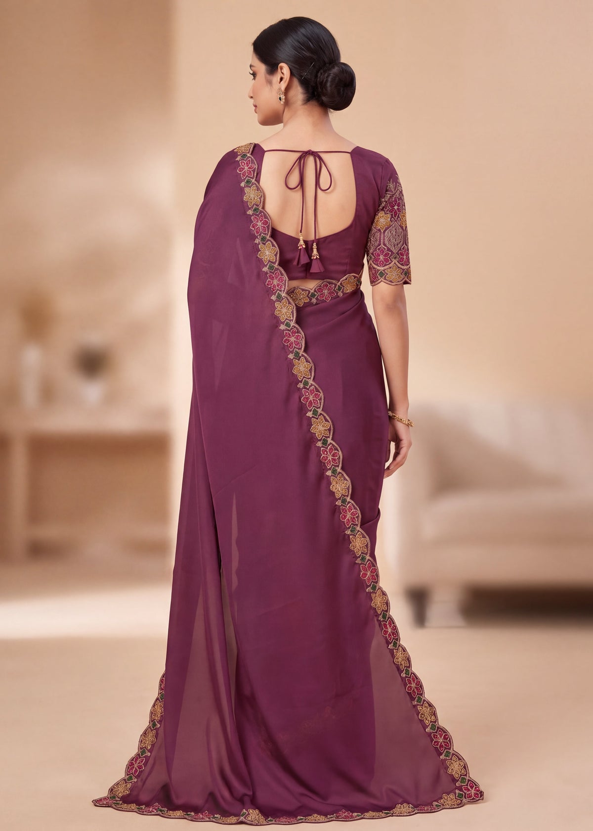 Designer Luxe Multicolour Embroidered Satin Saree