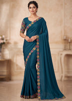 Designer Luxe Multicolour Embroidered Satin Saree