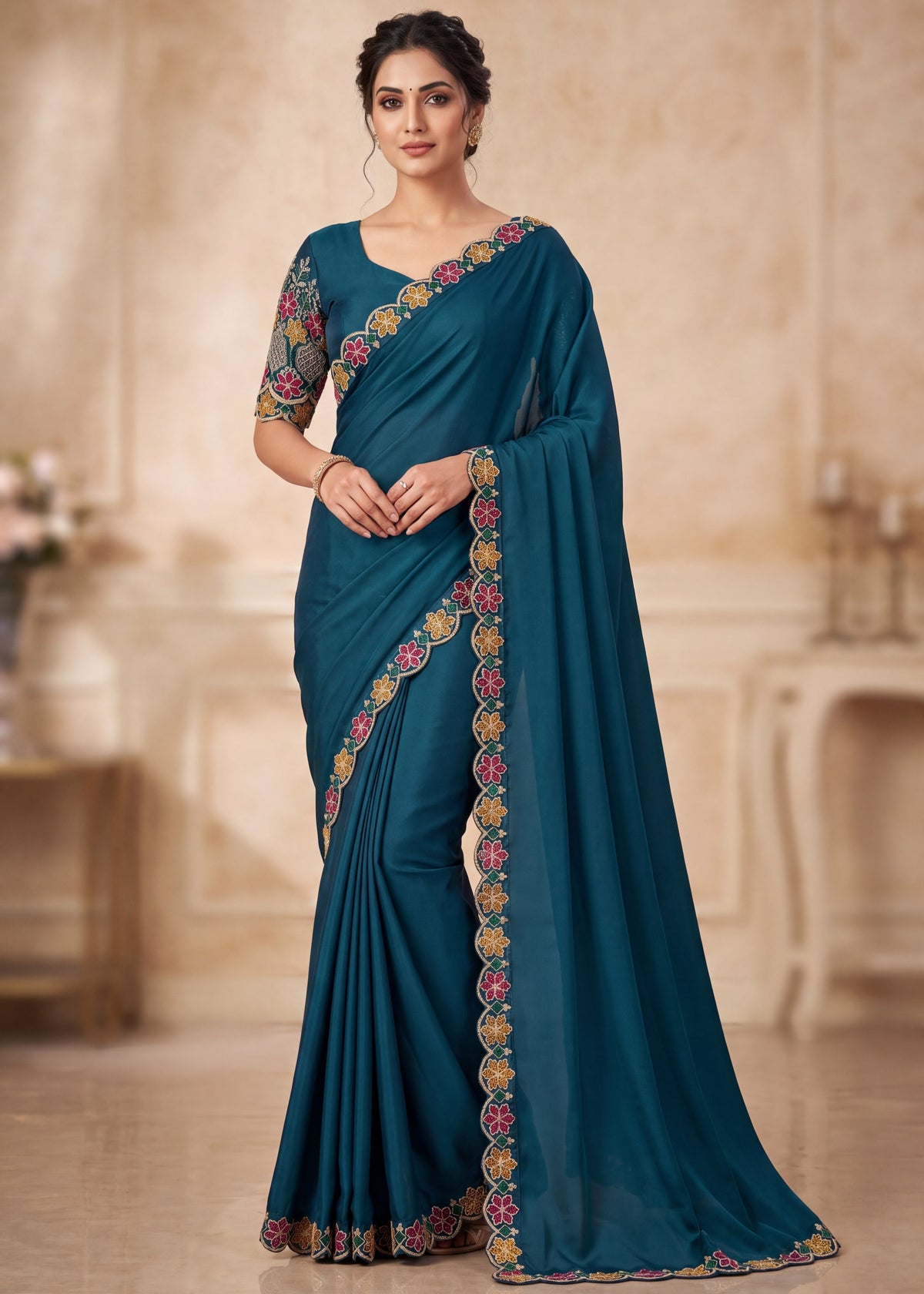 Designer Luxe Multicolour Embroidered Satin Saree
