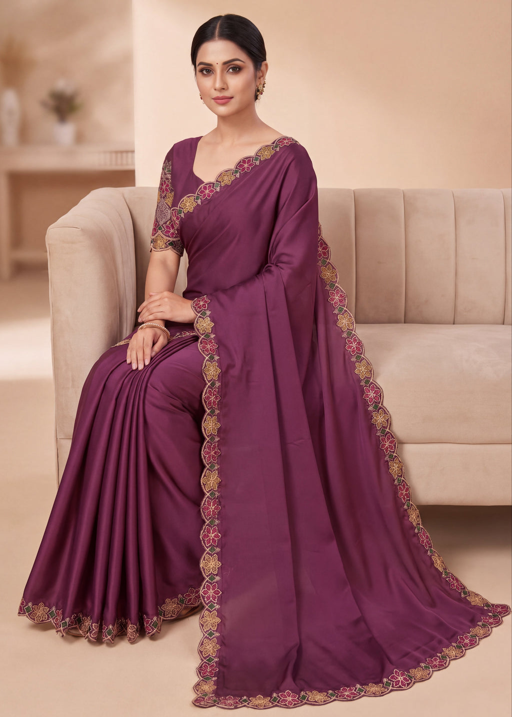 Designer Luxe Multicolour Embroidered Satin Saree