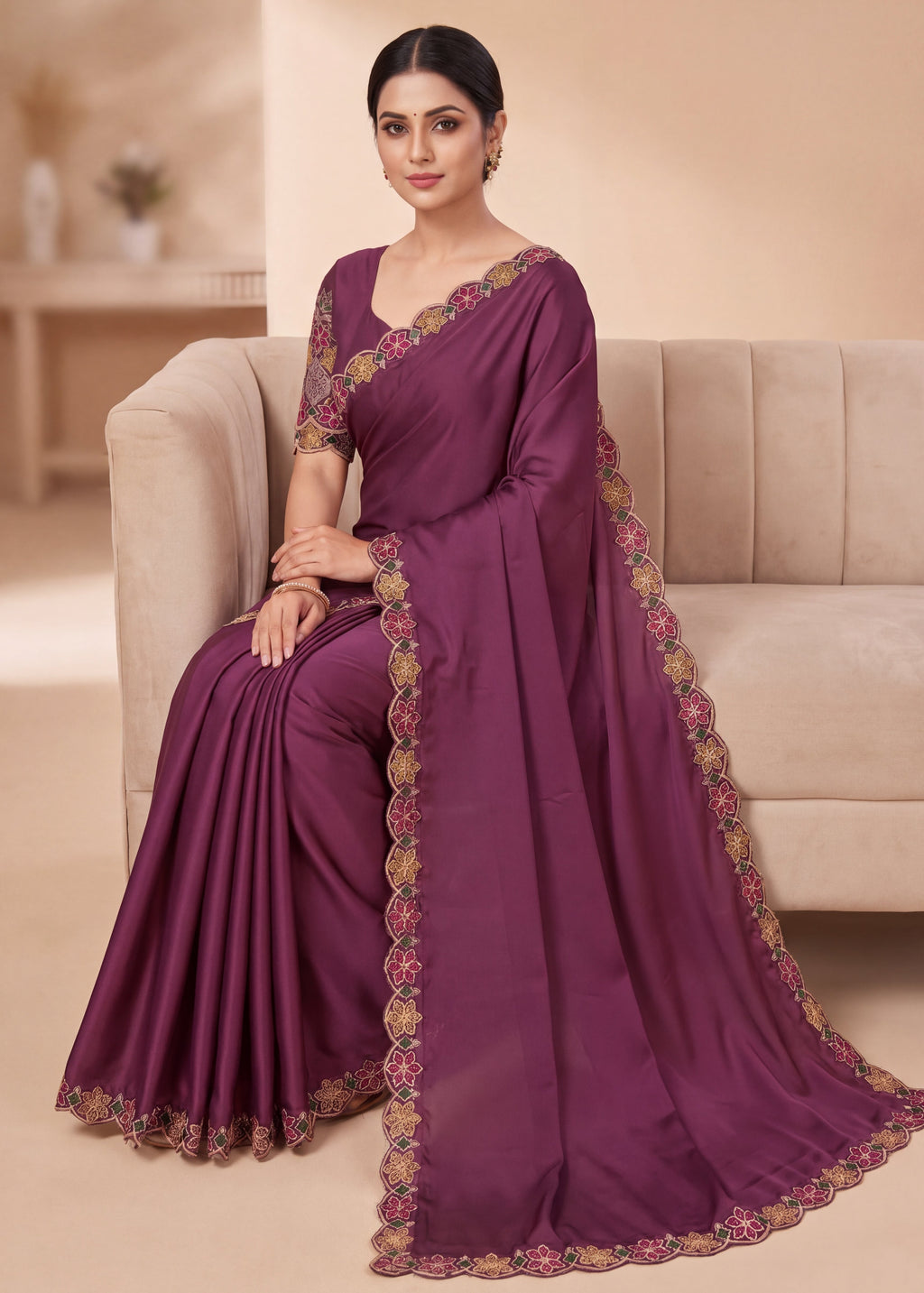 Premium Multicolour Embroidered Satin Saree