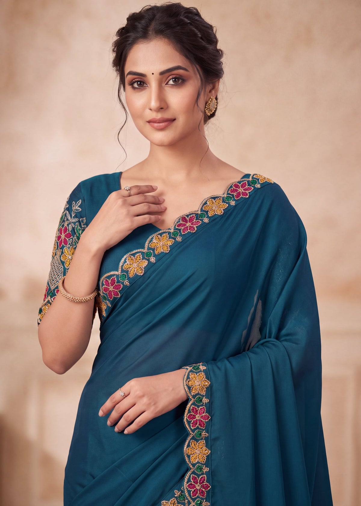 Designer Luxe Multicolour Embroidered Satin Saree