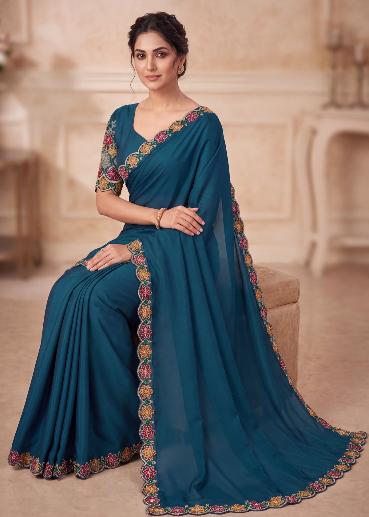 Designer Luxe Multicolour Embroidered Satin Saree
