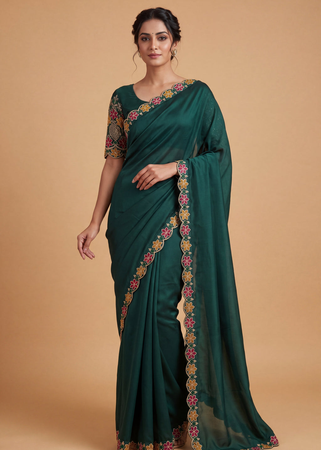 Designer Luxe Multicolour Embroidered Satin Saree