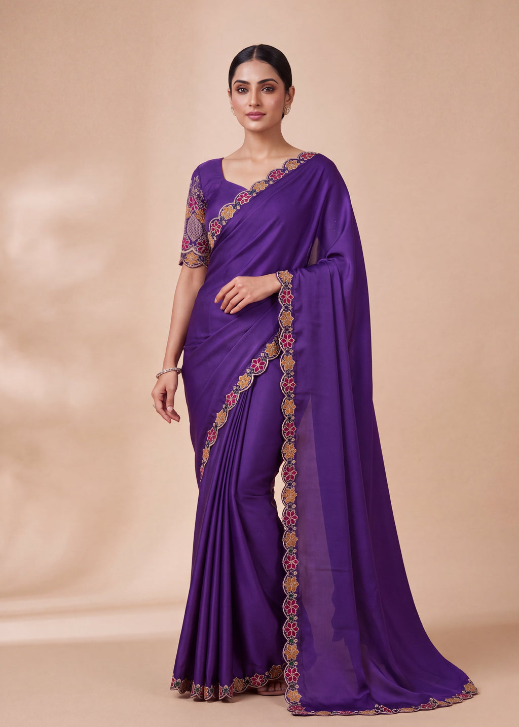 Premium Multicolour Embroidered Satin Saree