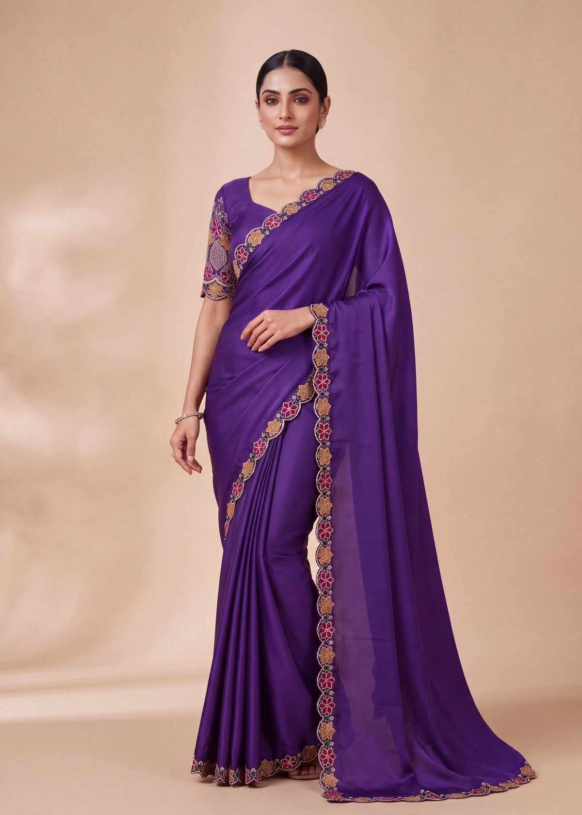 Premium Multicolour Embroidered Satin Saree