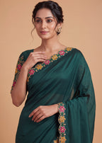 Designer Luxe Multicolour Embroidered Satin Saree