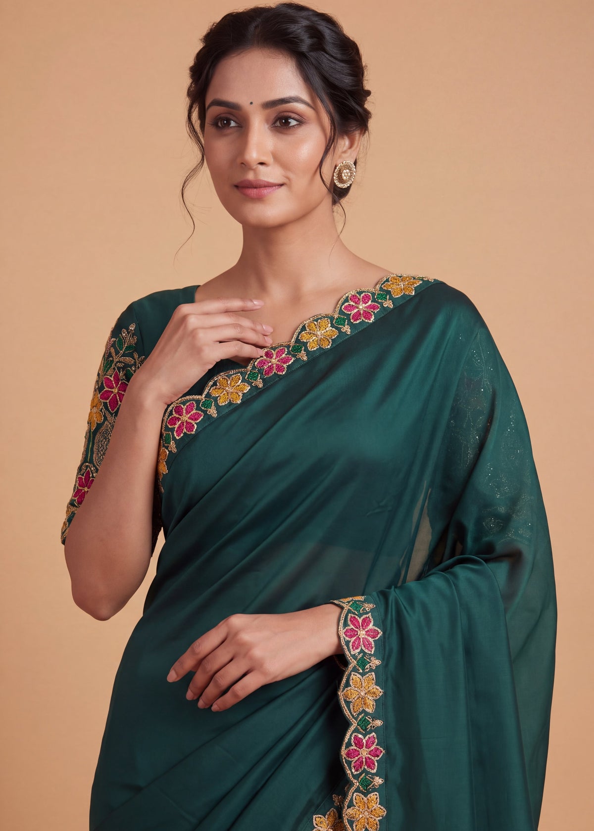 Designer Luxe Multicolour Embroidered Satin Saree