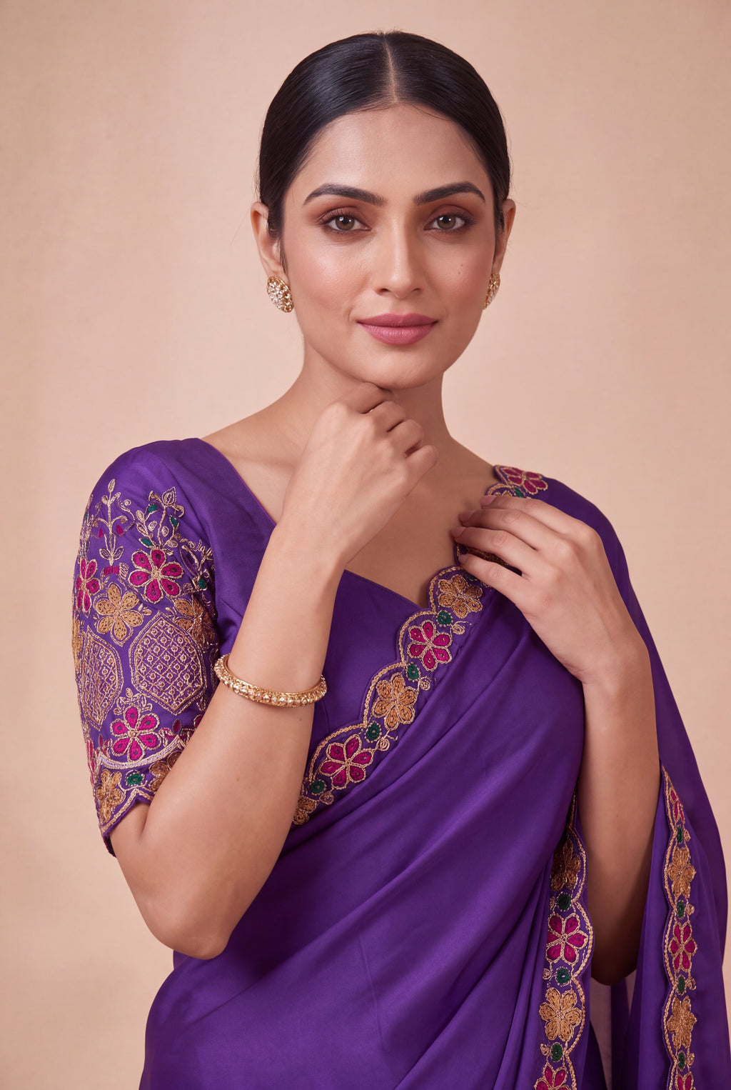 Premium Multicolour Embroidered Satin Saree