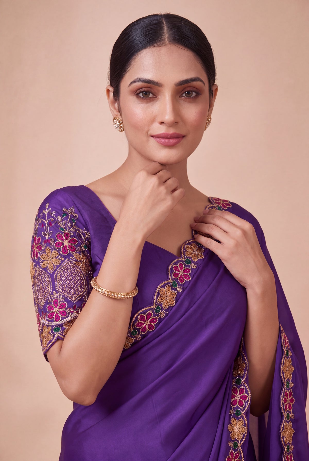Premium Multicolour Embroidered Satin Saree