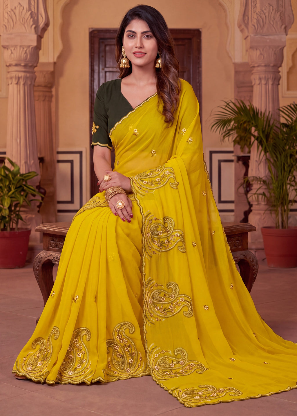 Festive Paisley Embroidered Georgette Saree