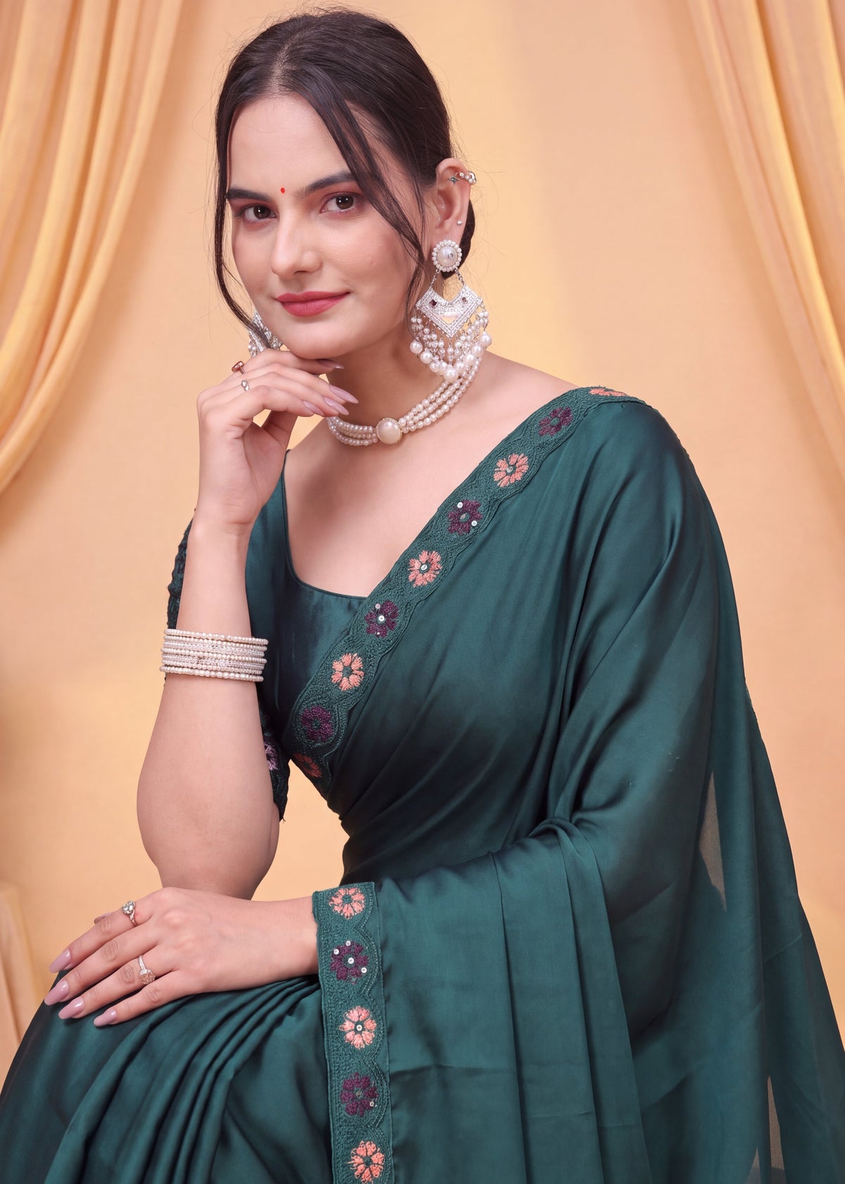 Stylist Party Wear Floral Satin Embroidered Saree