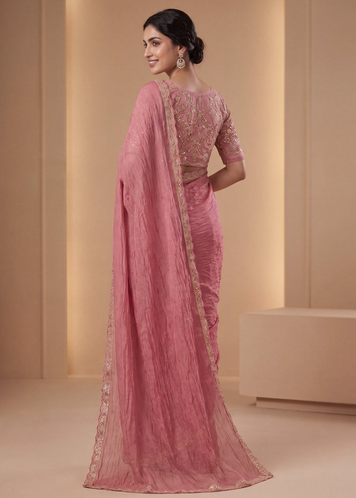 New Elegant Two-Tone Gold Crush Fancy Saree