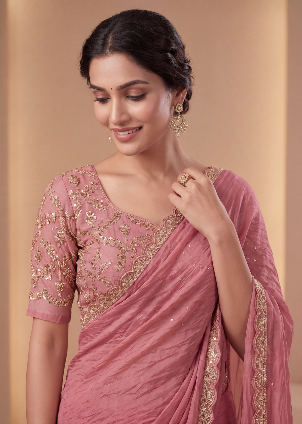 New Elegant Two-Tone Gold Crush Fancy Saree