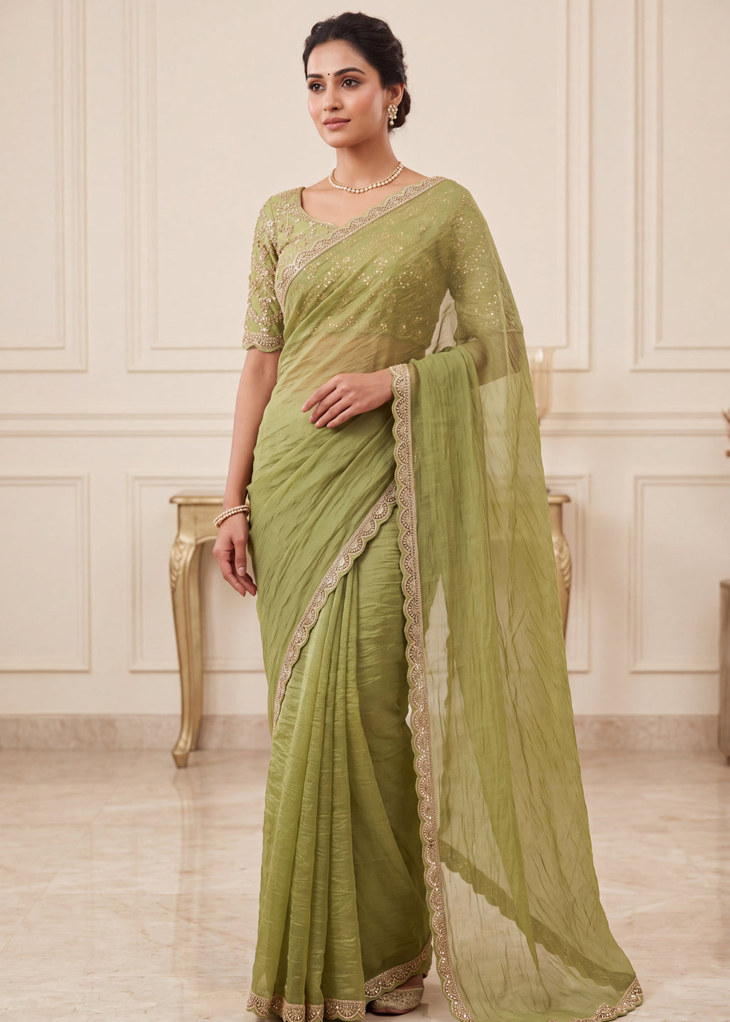 New Elegant Two-Tone Gold Crush Fancy Saree