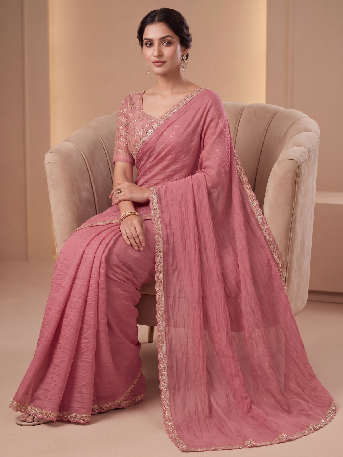 New Elegant Two-Tone Gold Crush Fancy Saree