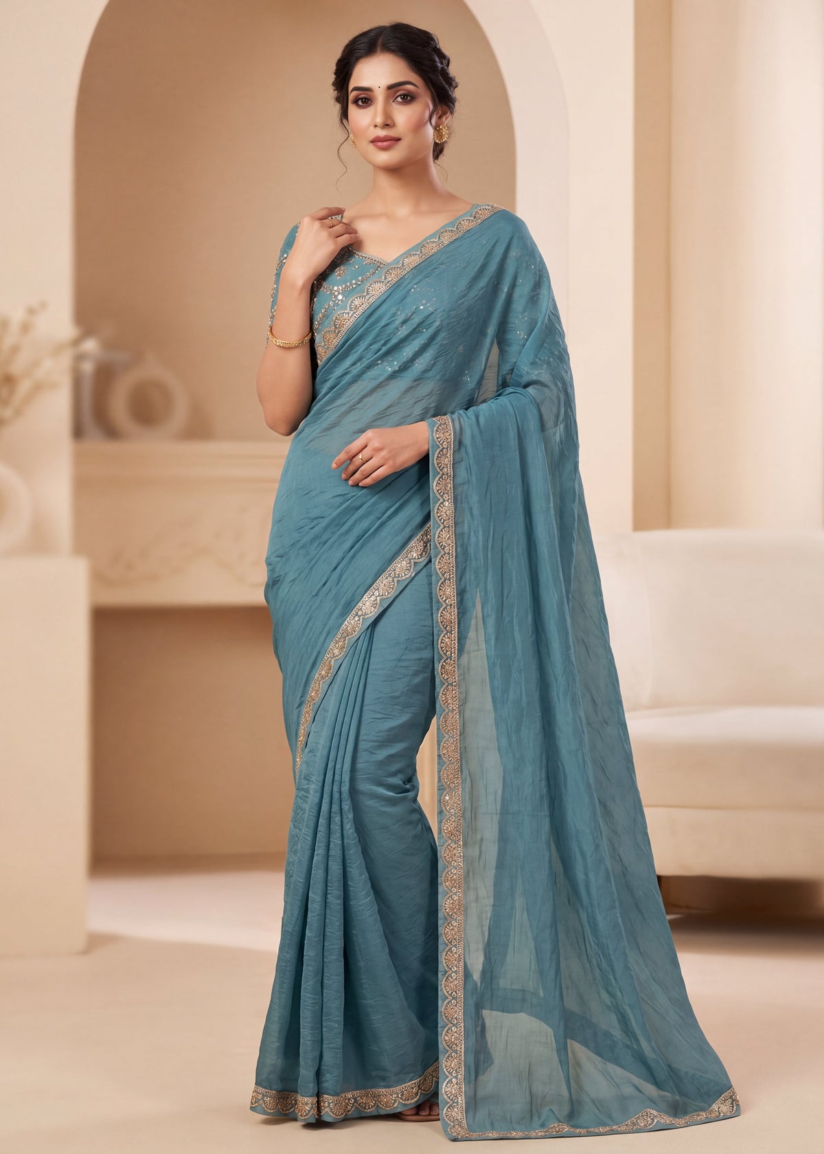 New Elegant Two-Tone Gold Crush Fancy Saree