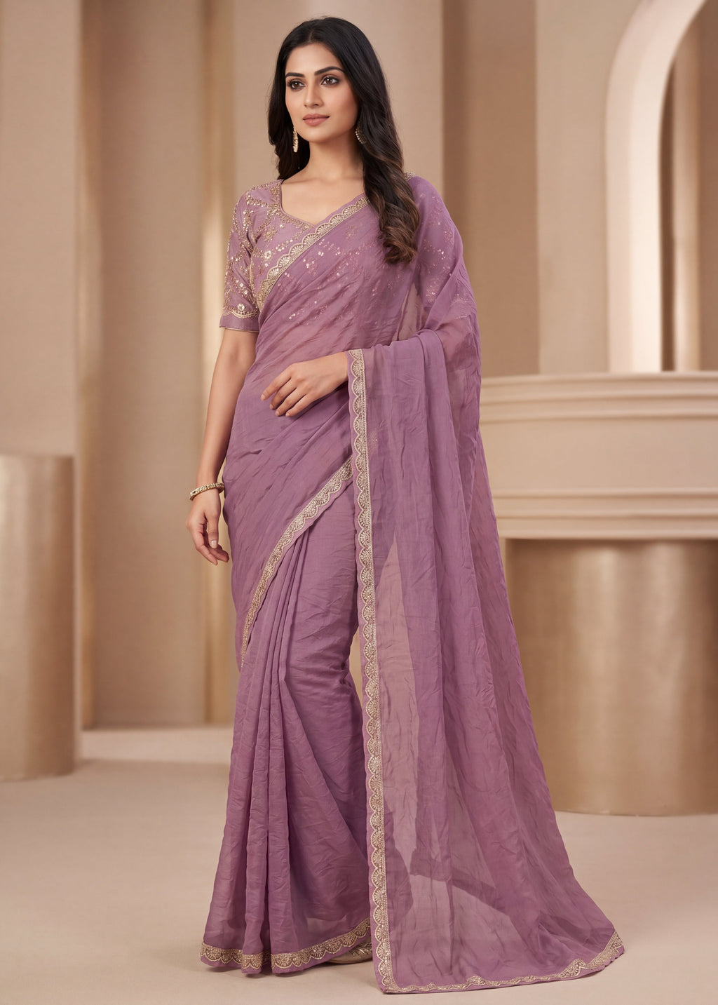 New Elegant Two-Tone Gold Crush Fancy Saree