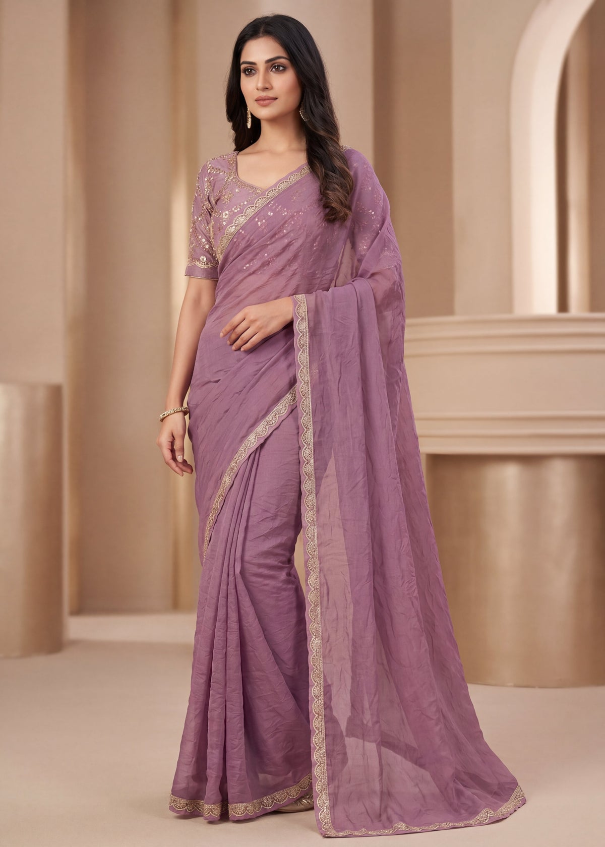 New Elegant Two-Tone Gold Crush Fancy Saree