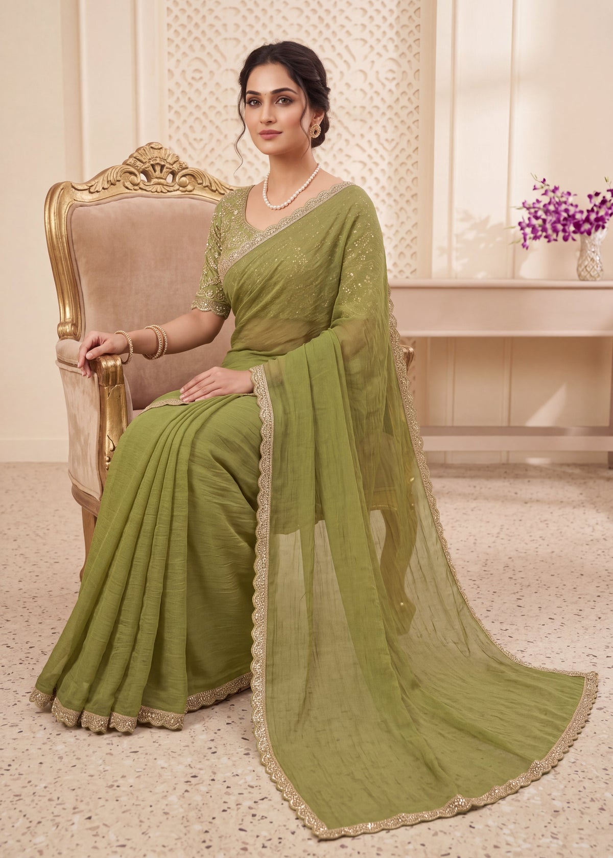 New Elegant Two-Tone Gold Crush Fancy Saree