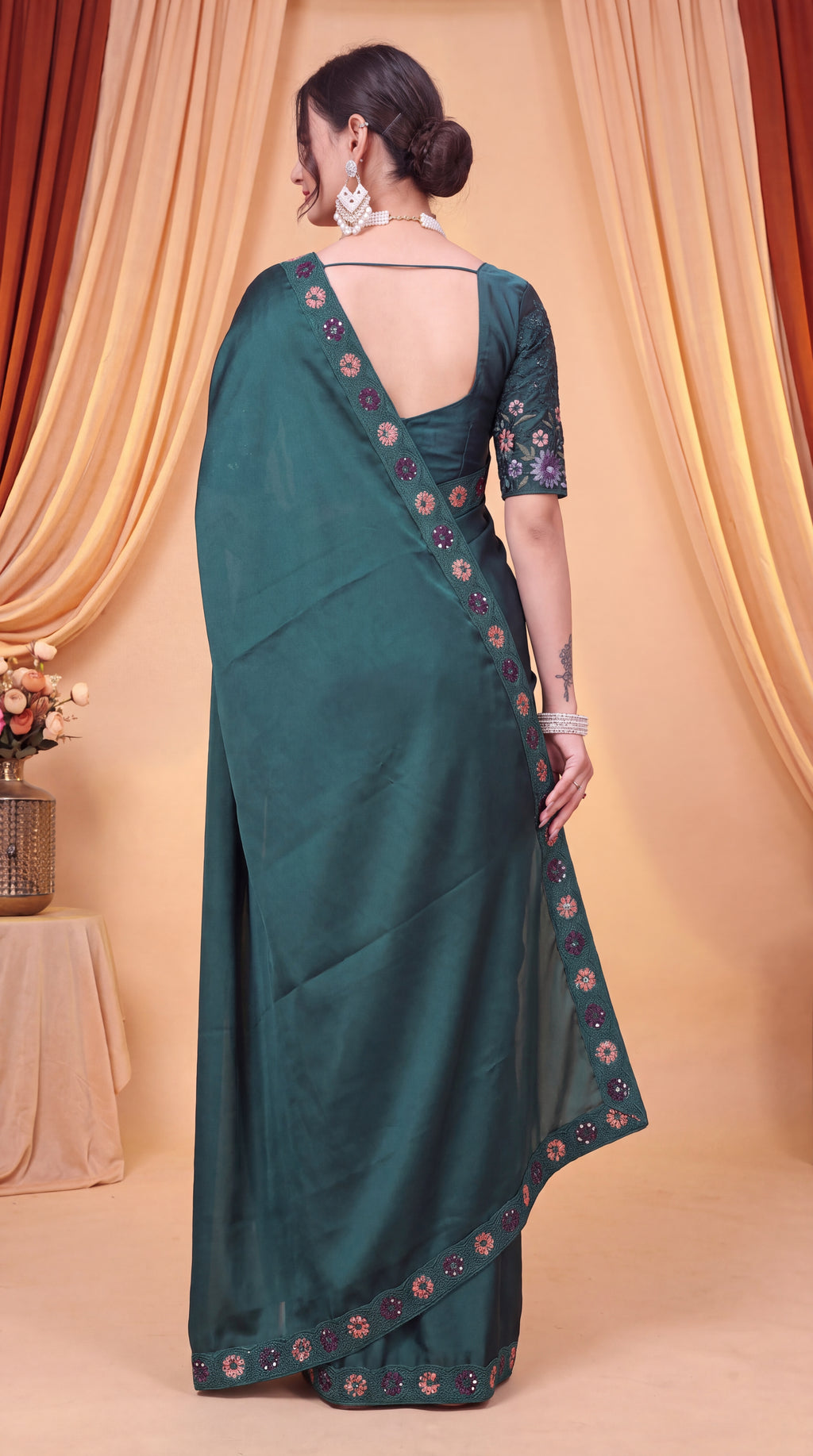 Stylist Party Wear Floral Satin Embroidered Saree