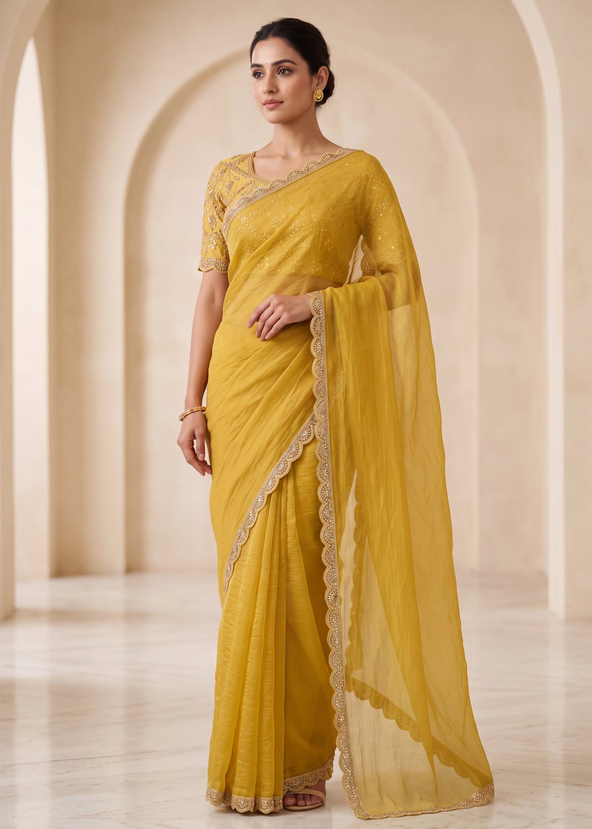 New Elegant Two-Tone Gold Crush Fancy Saree