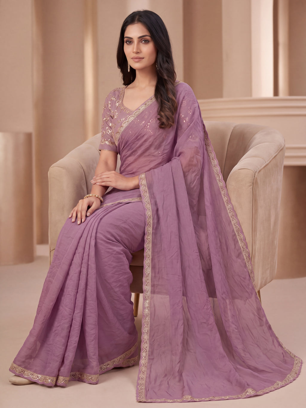 New Elegant Two-Tone Gold Crush Fancy Saree