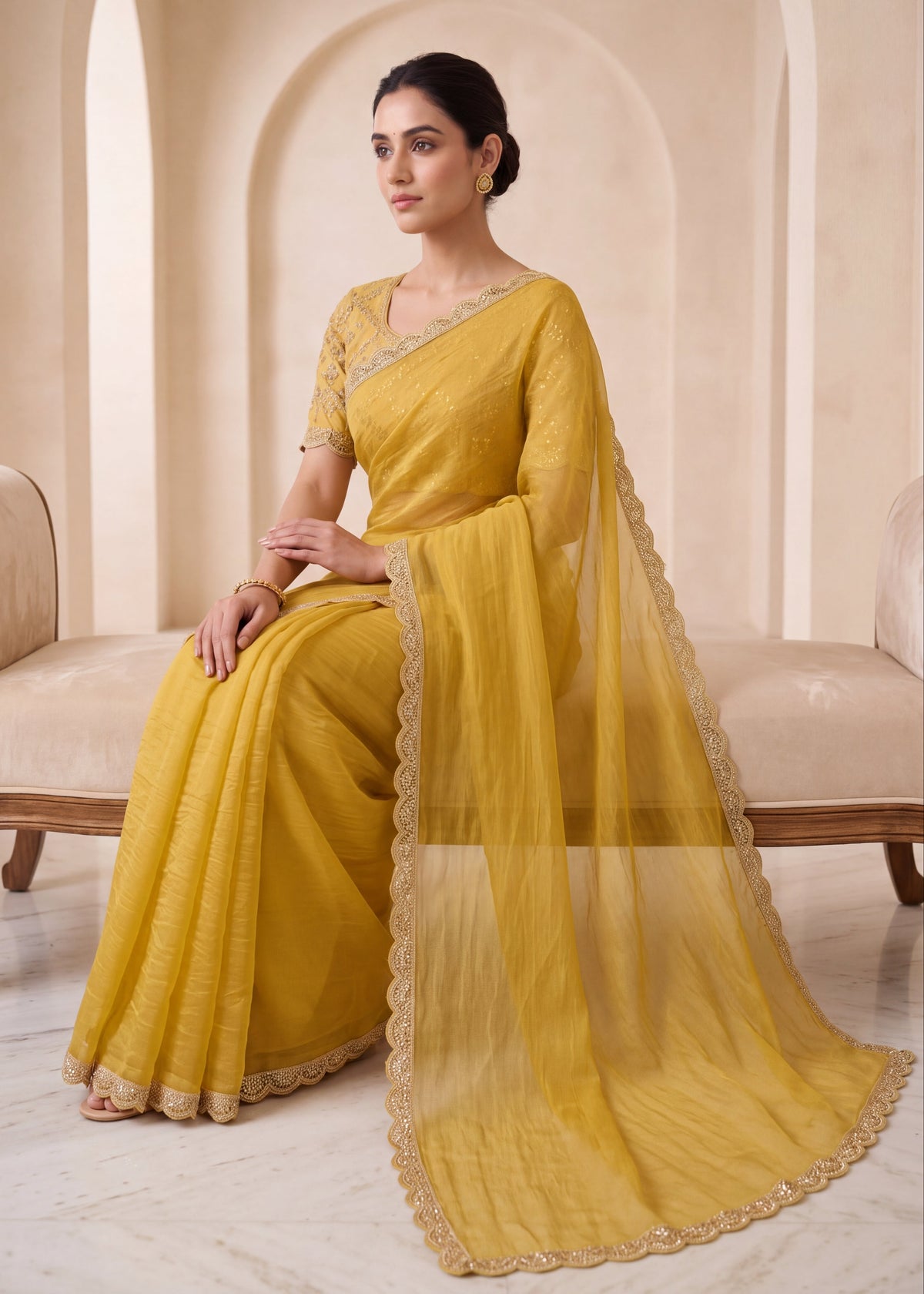 New Elegant Two-Tone Gold Crush Fancy Saree