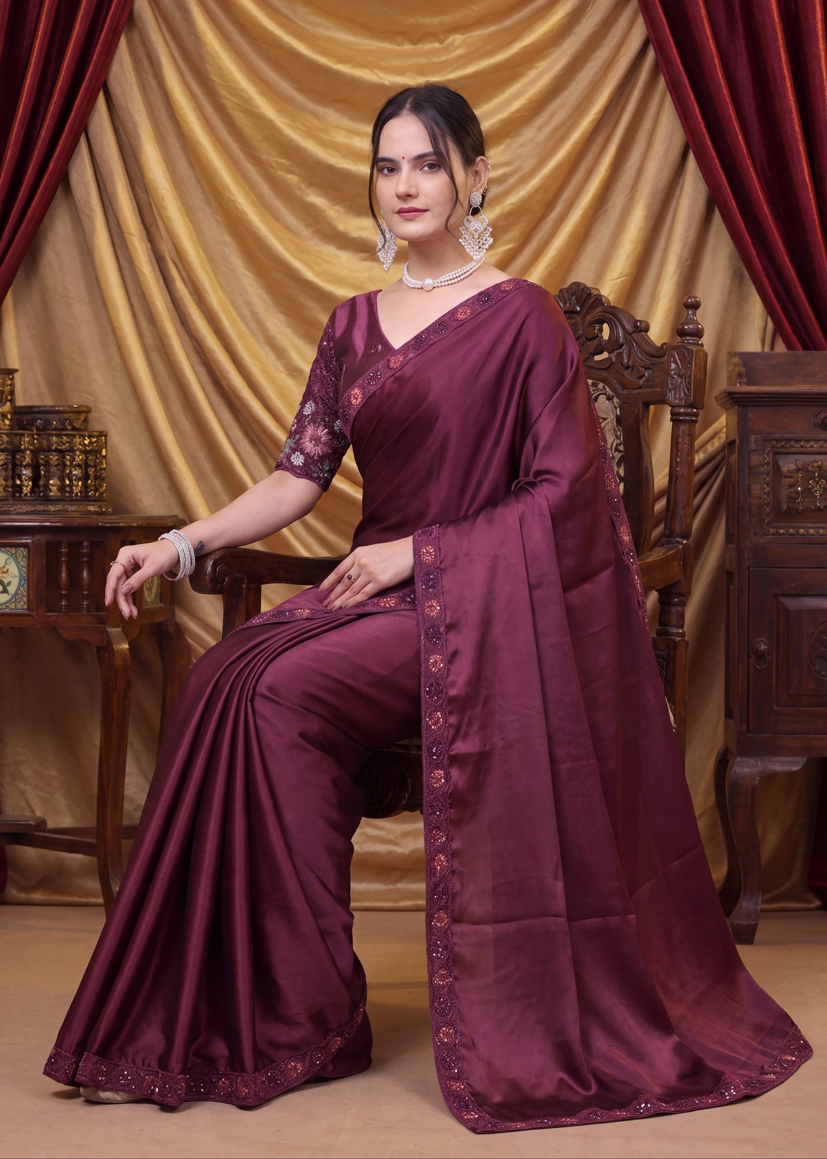 Stylist Party Wear Floral Satin Embroidered Saree