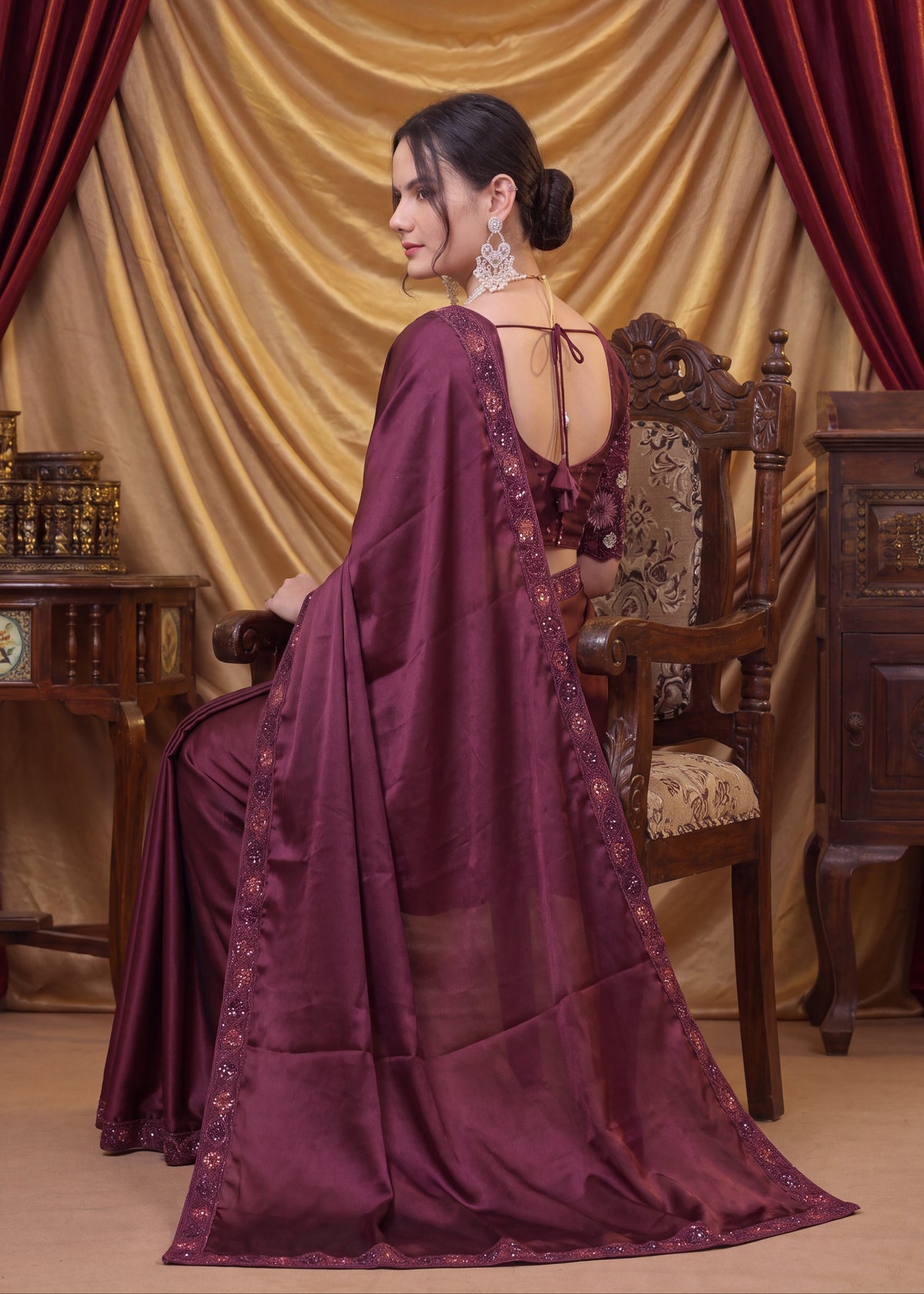 Stylist Party Wear Floral Satin Embroidered Saree