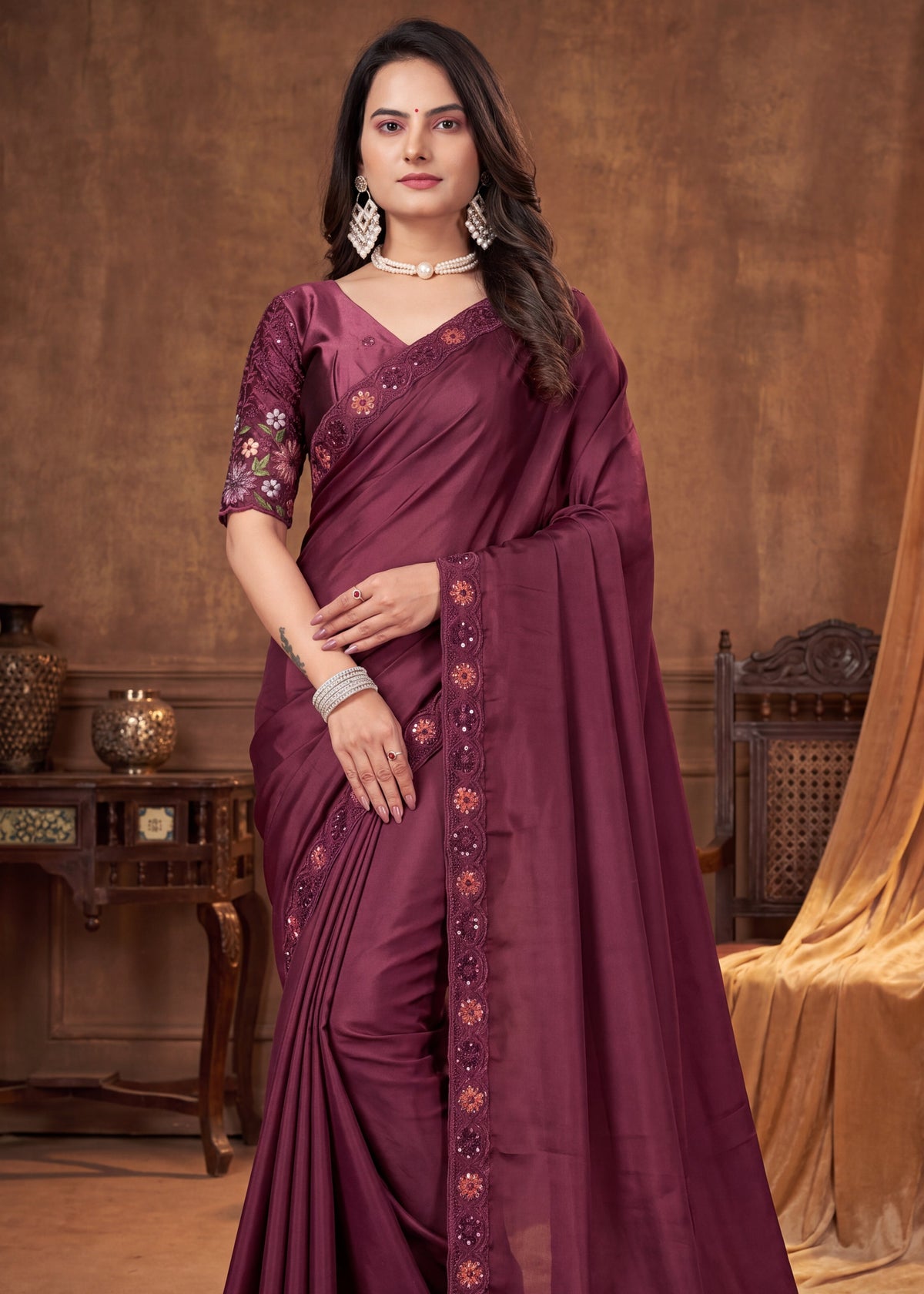 Stylist Party Wear Floral Satin Embroidered Saree