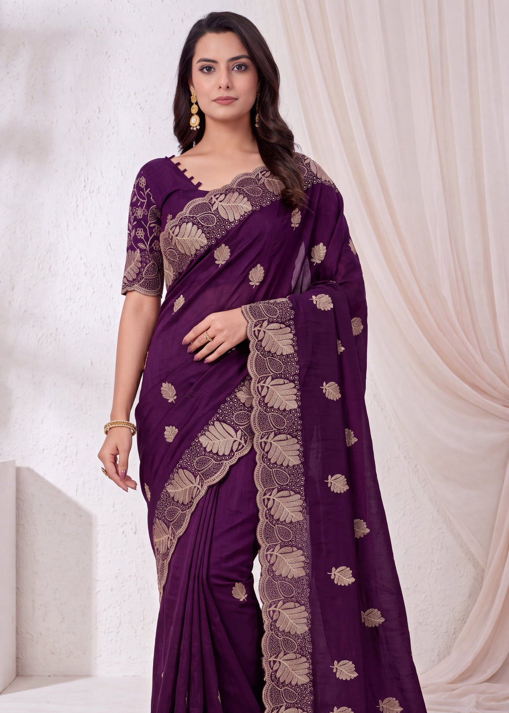 Elegant Soft NC Vichitra Floral Embroidery Saree