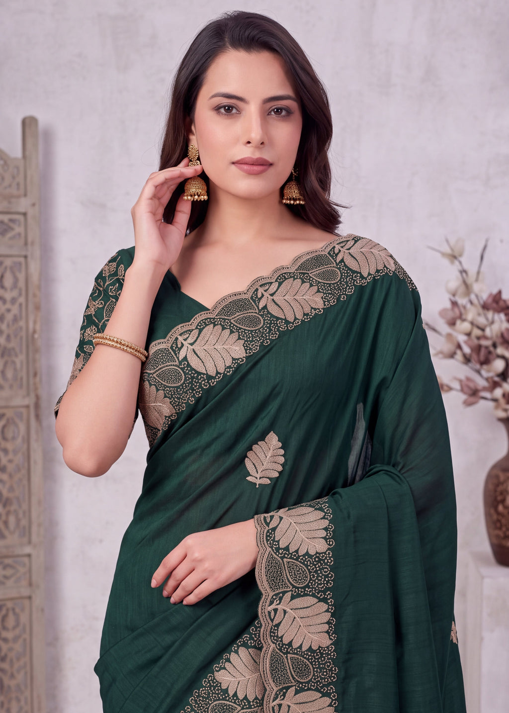 Elegant Soft NC Vichitra Floral Embroidery Saree