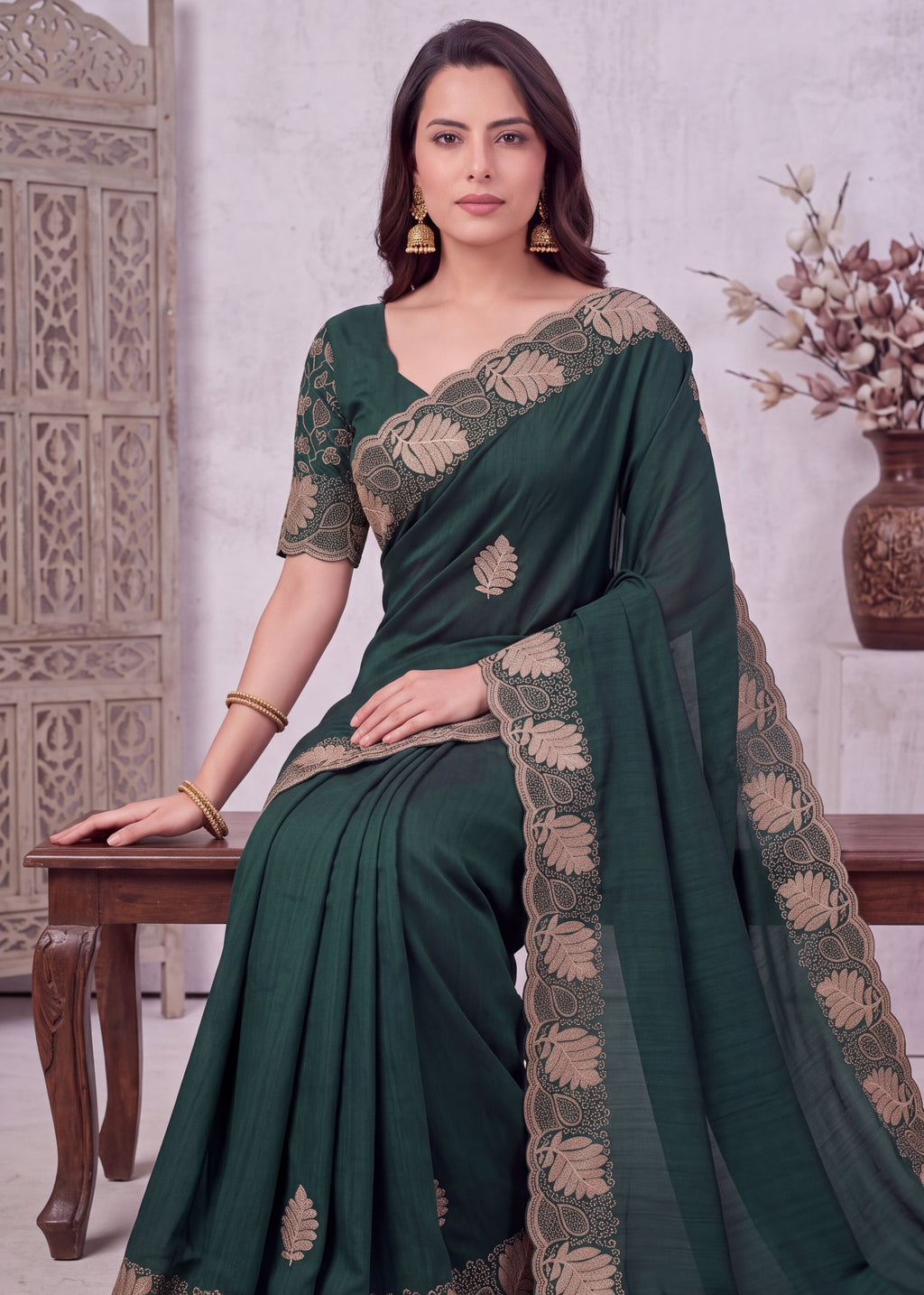 Elegant Soft NC Vichitra Floral Embroidery Saree