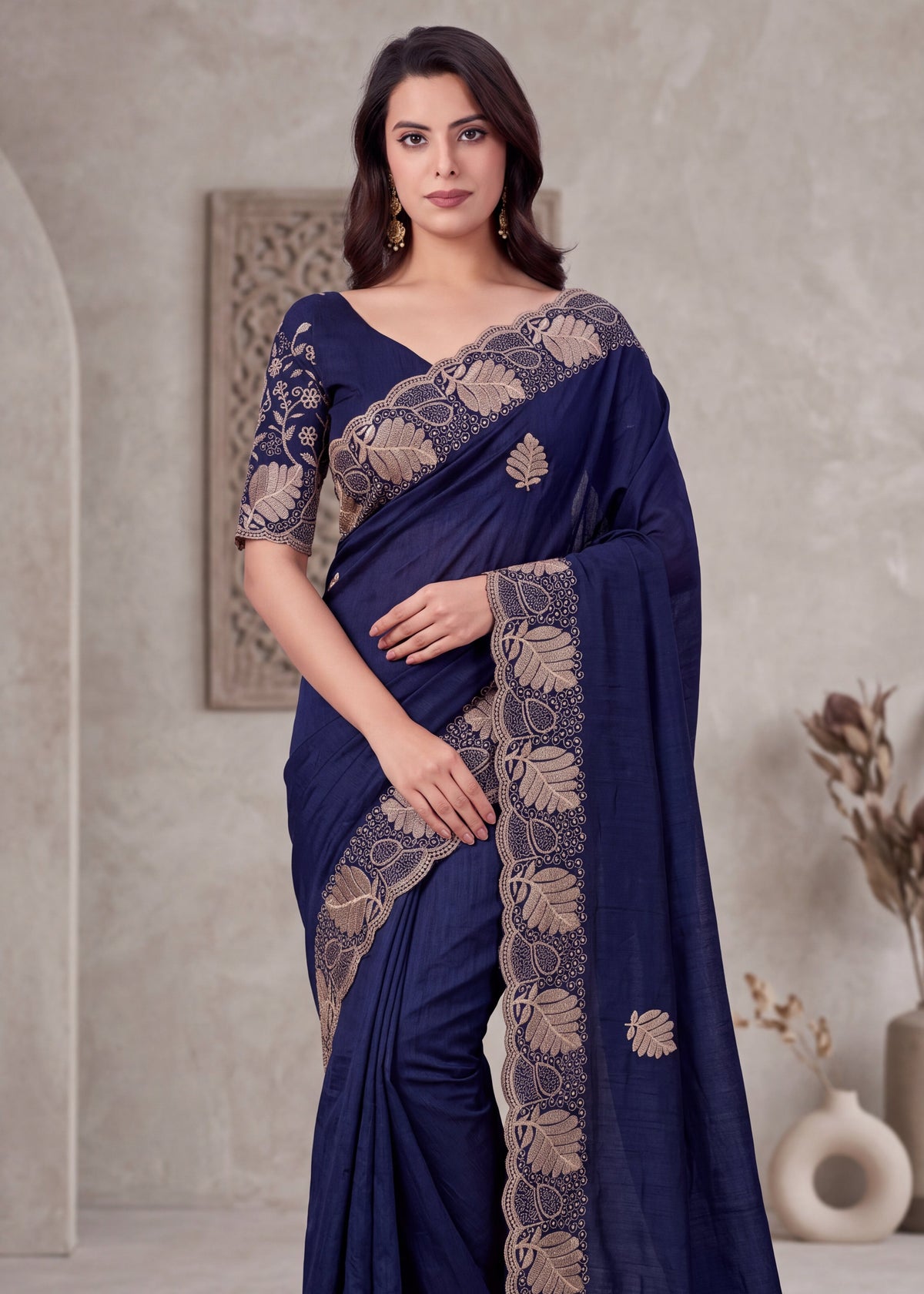 Elegant Soft NC Vichitra Floral Embroidery Saree