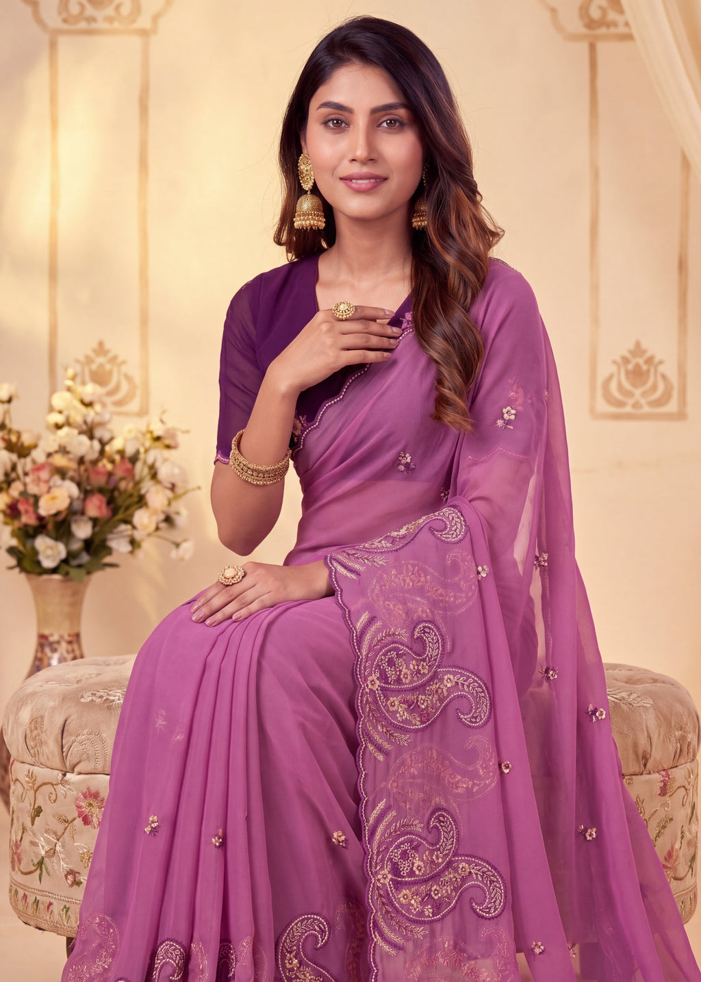 Festive Paisley Embroidered Georgette Saree
