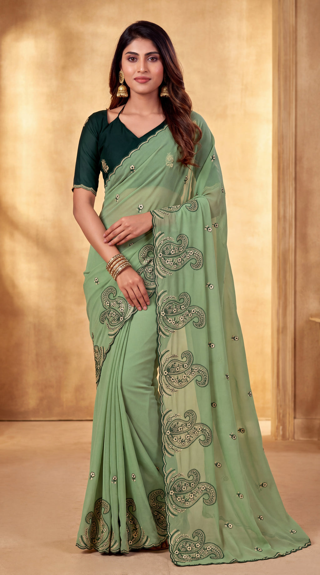 Festive Paisley Embroidered Georgette Saree