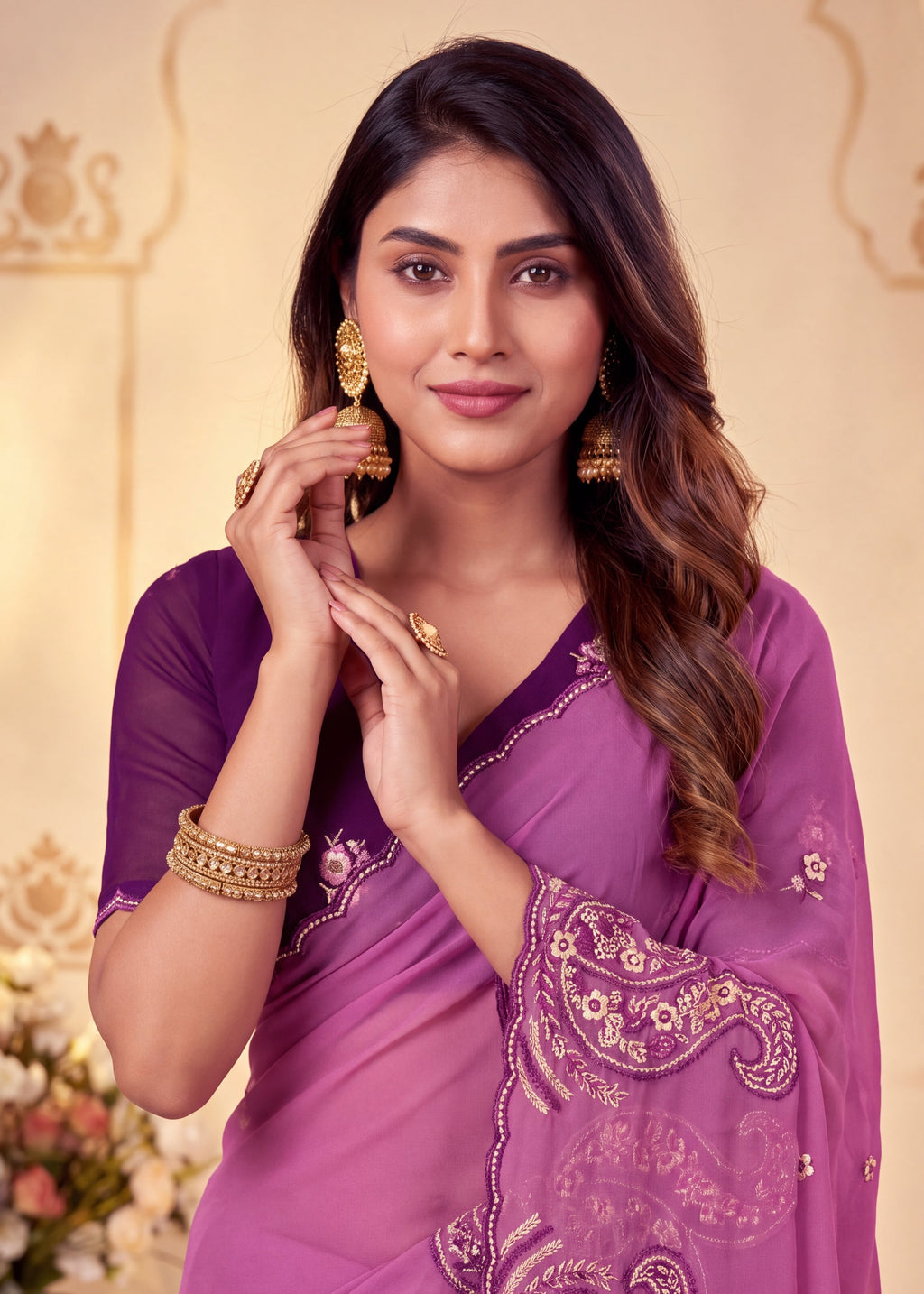 Festive Paisley Embroidered Georgette Saree