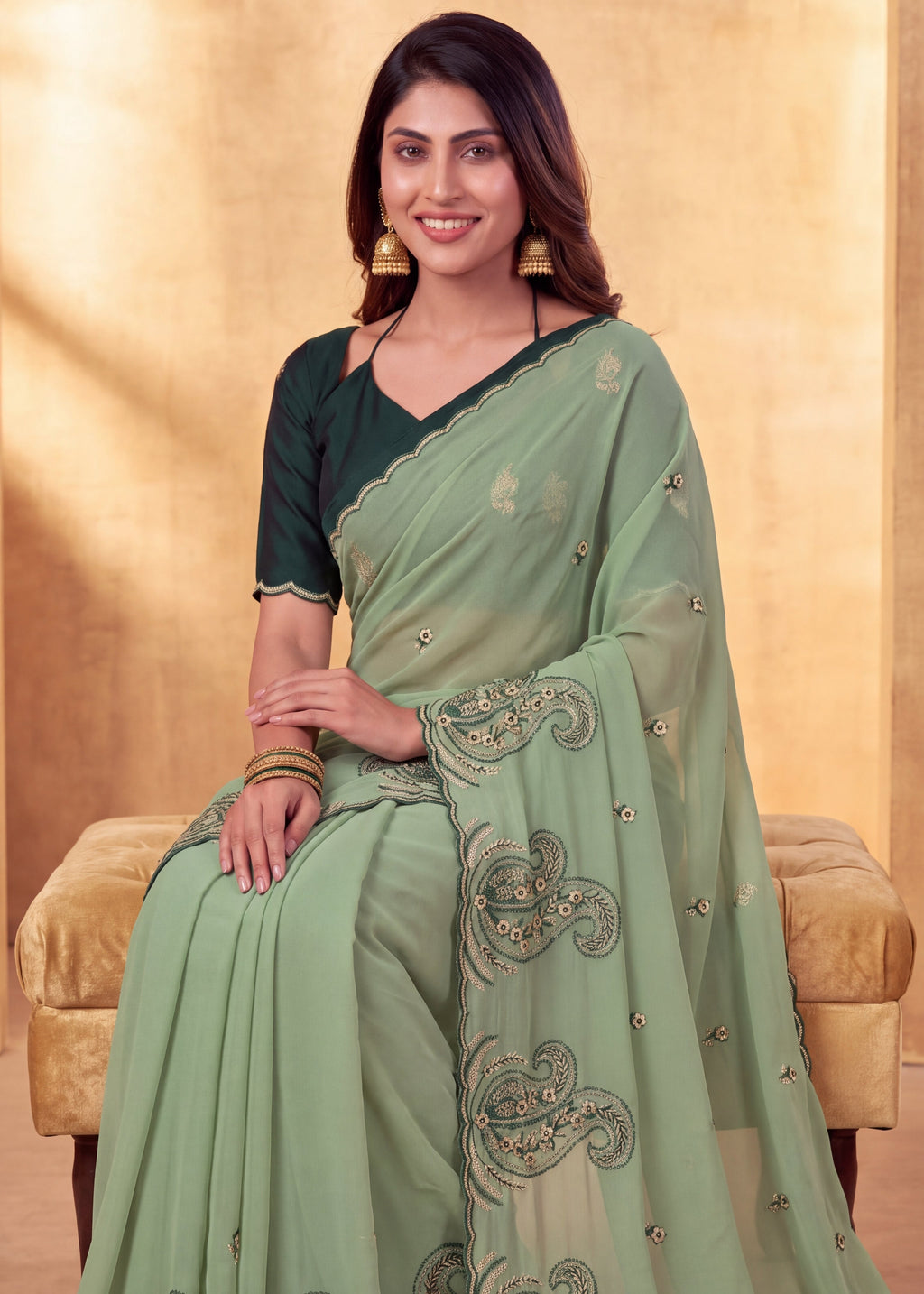 Festive Paisley Embroidered Georgette Saree
