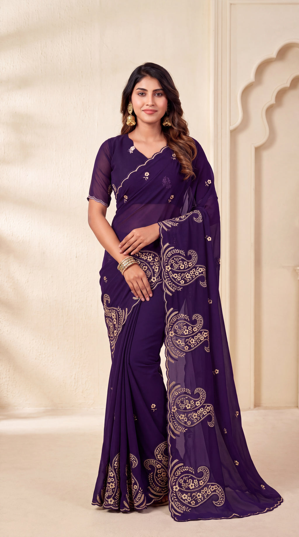 Festive Paisley Embroidered Georgette Saree