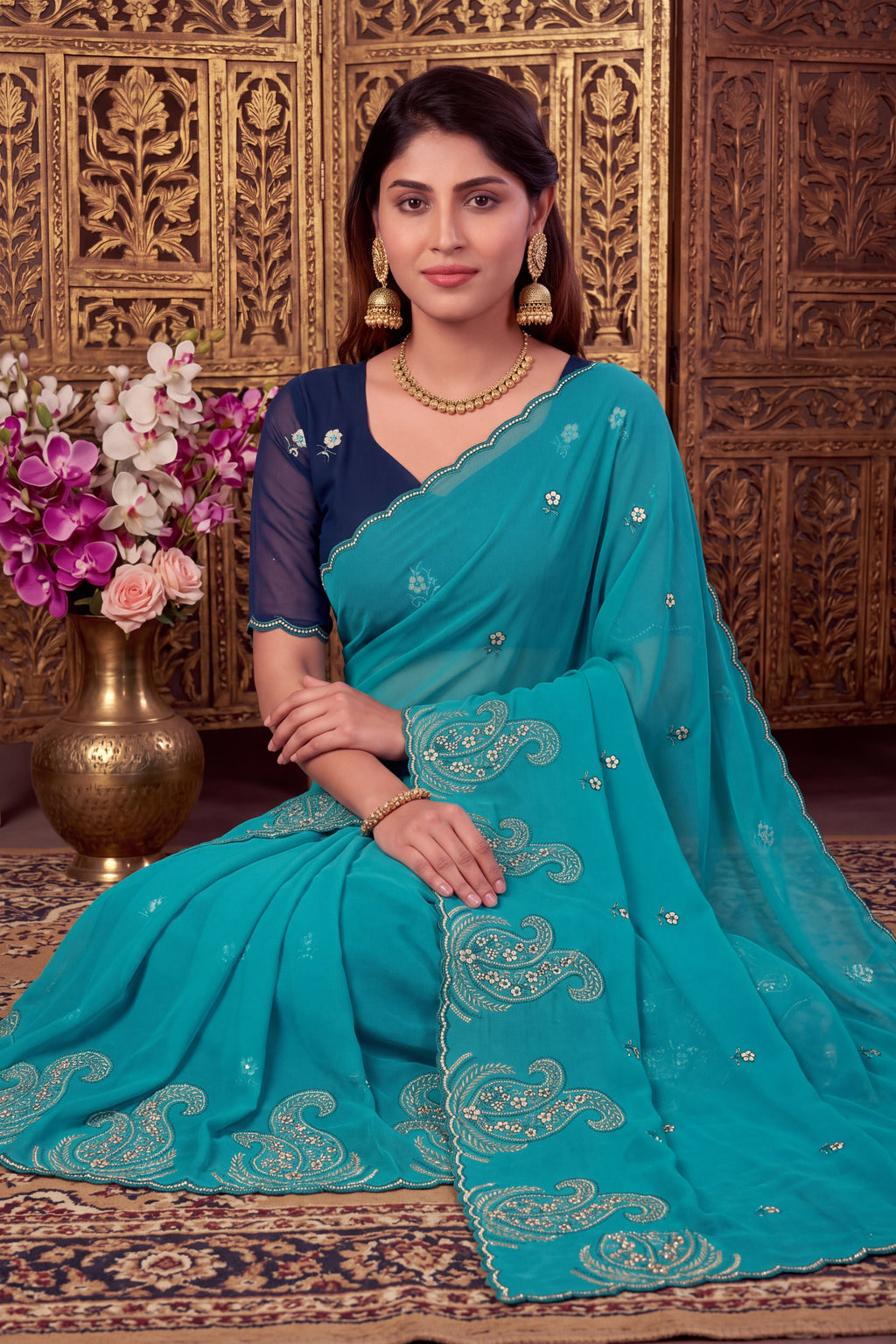 Festive Paisley Embroidered Georgette Saree