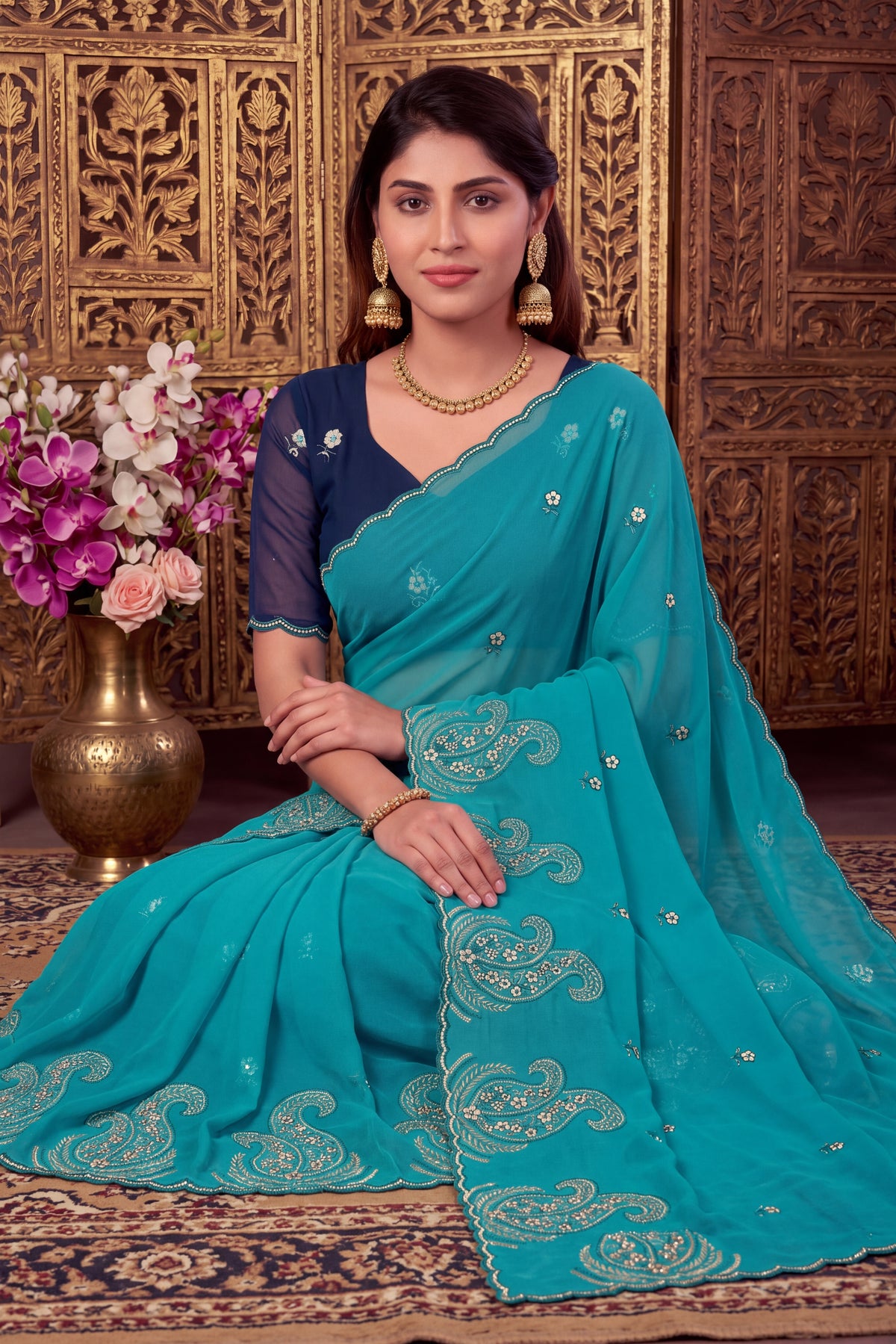 Festive Paisley Embroidered Georgette Saree