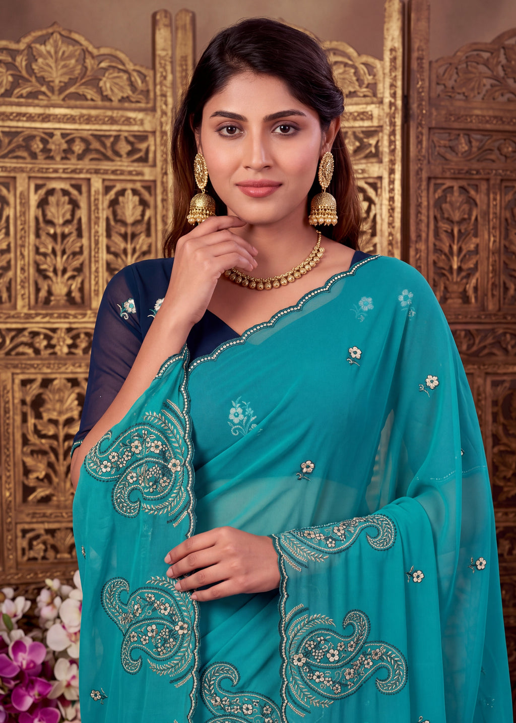 Festive Paisley Embroidered Georgette Saree